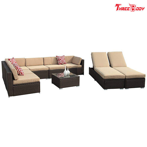 Brown Wicker Outdoor Patio Sectional Sofa Set , Modern Patio Furniture Beige Seat Lounge Chair