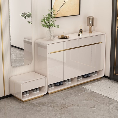 Piano paint entrance door shoe cabinet with shoe changing stool, four doors and four drawers shoe cabinet storage