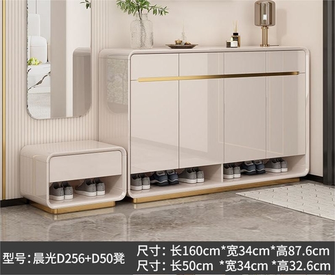 Piano paint entrance door shoe cabinet with shoe changing stool, four doors and four drawers shoe cabinet storage