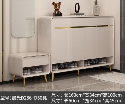 Piano paint entrance door shoe cabinet with shoe changing stool, four doors and four drawers shoe cabinet storage